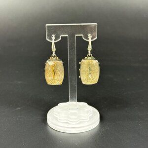 Sterling Silver Cushion Cut Bezel Set Gold Rutilated Quartz Dangle Earrings
